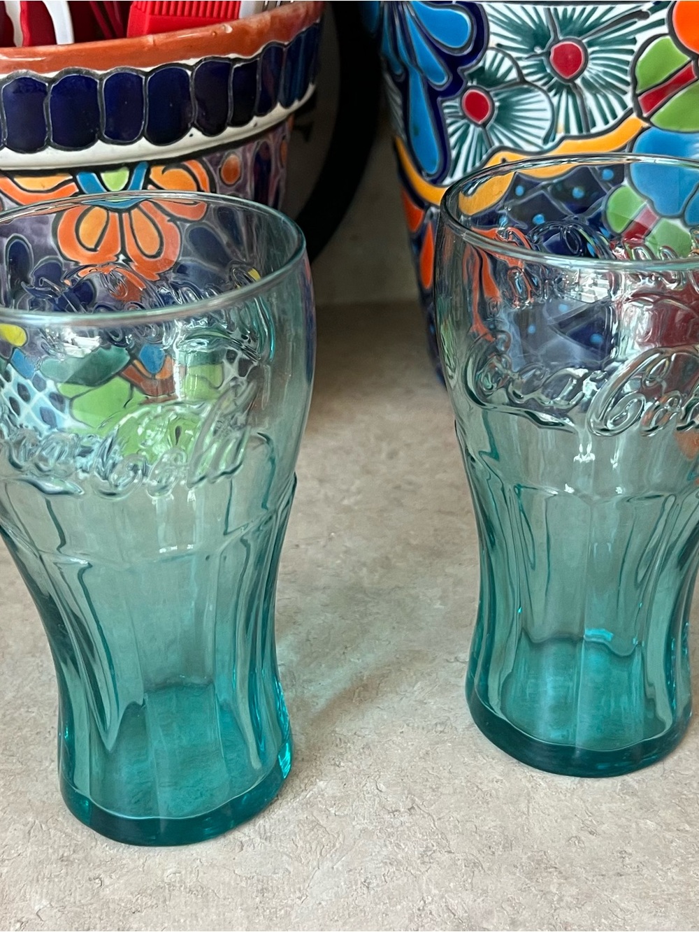 Coca Cola Teal-Blue Embossed Glass Tumblers - Pair